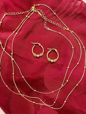 Elegant Gold tone Jewelry Set of Layered Necklace and Earrings